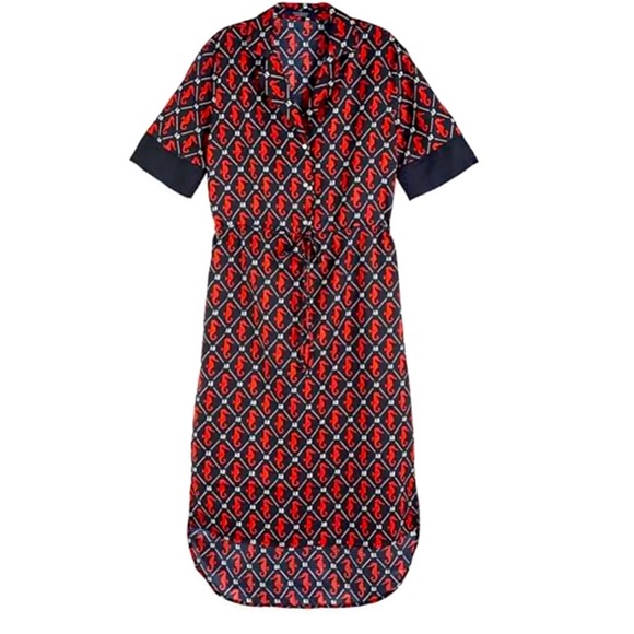 Scotch & Soda Midi Dress Short Sleeves Seahorses Navy Blue Red Waist Tie Size L - Picture 1 of 14